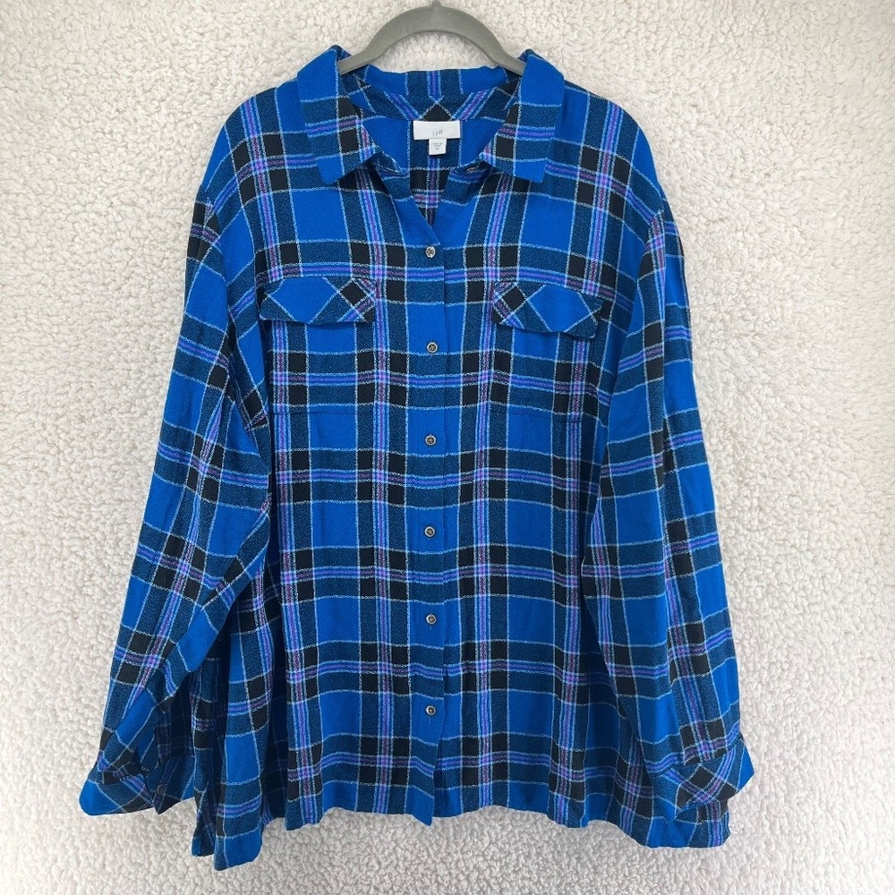 J Jill Blue Plaid Shirt Women's 3X Button Up Long Sleeve Viscose Cotton